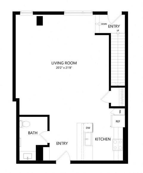 Floor plan for 1 bed, 1.5 baths, 1335 sqft