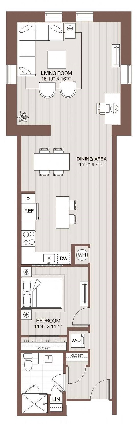 Floor plan for 1 bed, 1 bath, 953 sqft