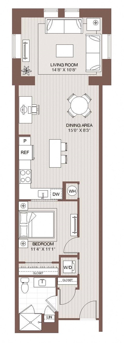 Floor plan for 1 bed, 1 bath, 841 sqft