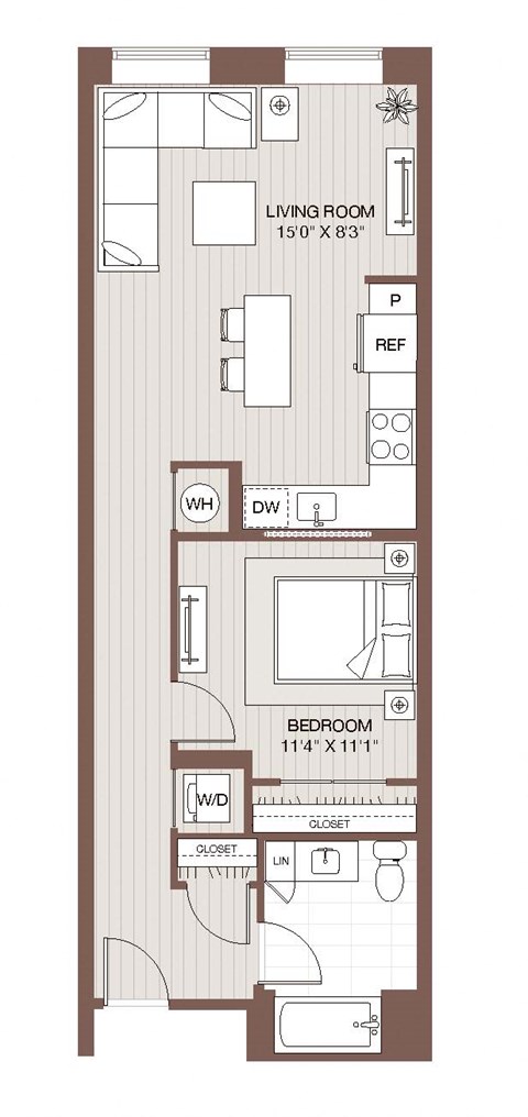 Floor plan for 1 bed, 1 bath, 669 sqft