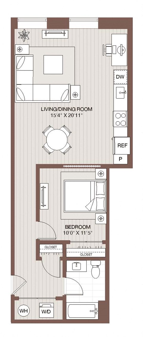 Floor plan for 1 bed, 1 bath, 724 sqft