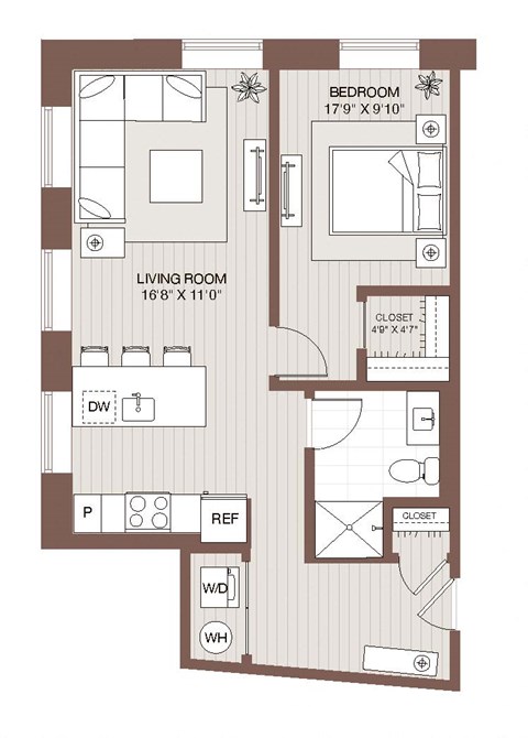 Floor plan for 1 bed, 1 bath, 675 sqft