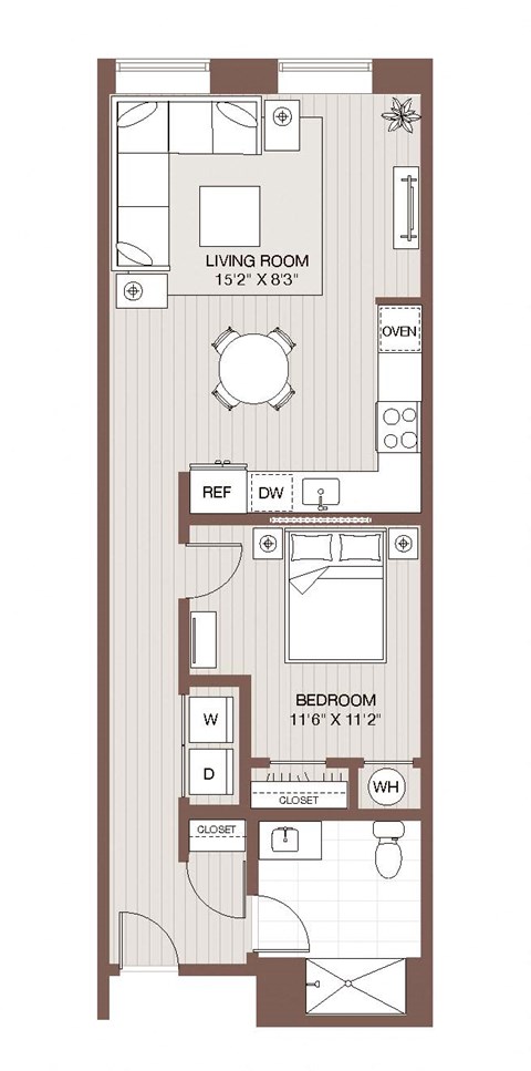 Floor plan for 1 bed, 1 bath, 666 sqft
