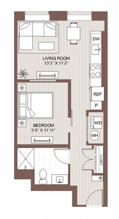 Floor plan for 1 bed, 1 bath, 523 sqft