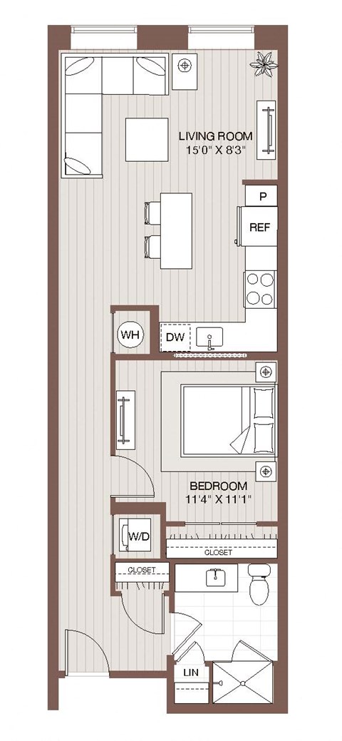 Floor plan for 1 bed, 1 bath, 667 sqft