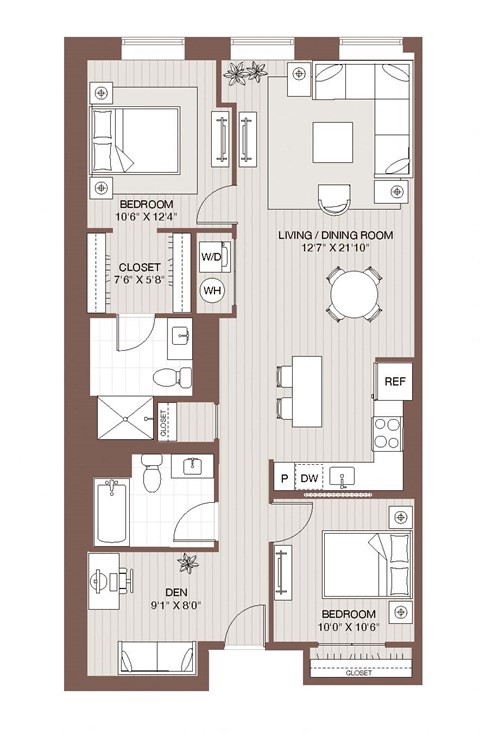 Floor plan for 2 beds, 2 baths, 1039 sqft