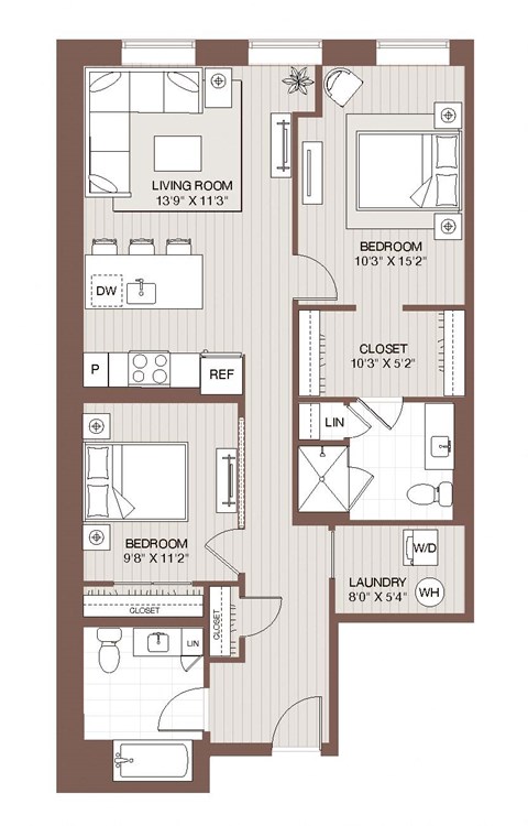 Floor plan for 2 beds, 2 baths, 964 sqft