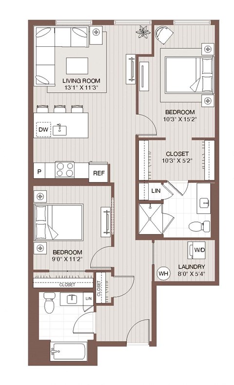 Floor plan for 2 beds, 2 baths, 985 sqft