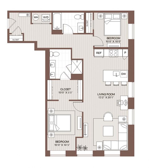 Floor plan for 2 beds, 2 baths, 1060 sqft