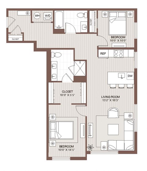 Floor plan for 2 beds, 2 baths, 1039 sqft