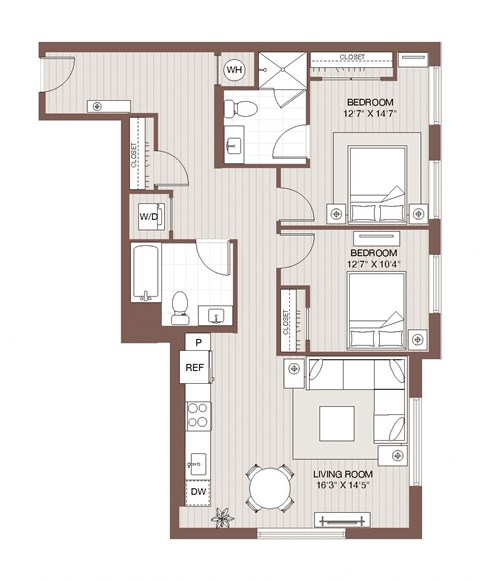 Floor plan for 2 beds, 2 baths, 973 sqft