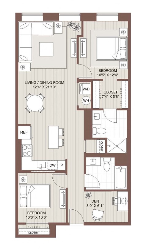 Floor plan for 2 beds, 2 baths, 1030 sqft