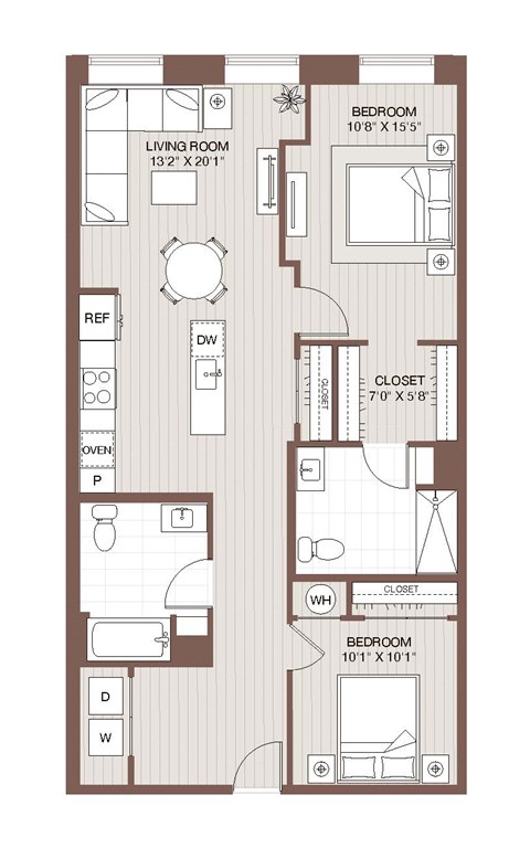 Floor plan for 2 beds, 2 baths, 995 sqft