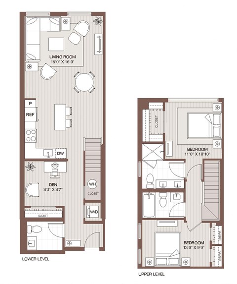 Floor plan for 2 beds, 2.5 baths, 1170 sqft
