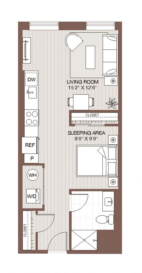 Floor plan for studio, 1 bath, 527 sqft