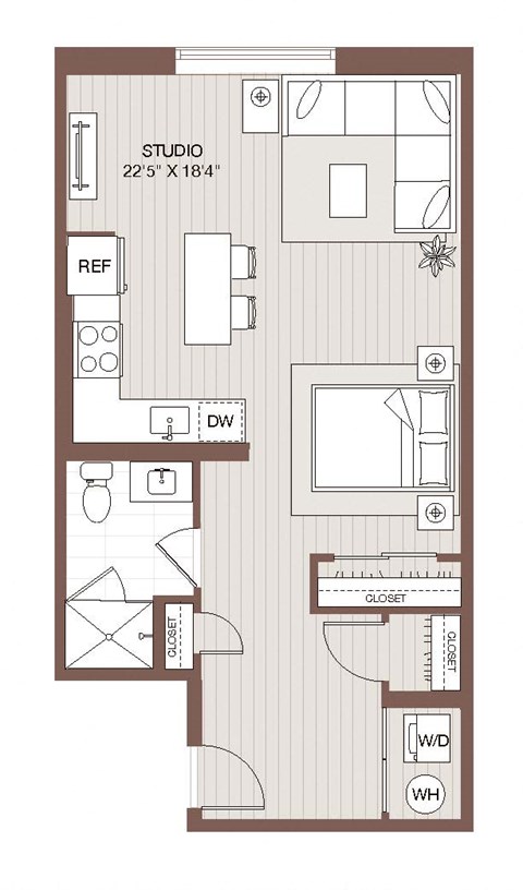 Floor plan for studio, 1 bath, 594 sqft