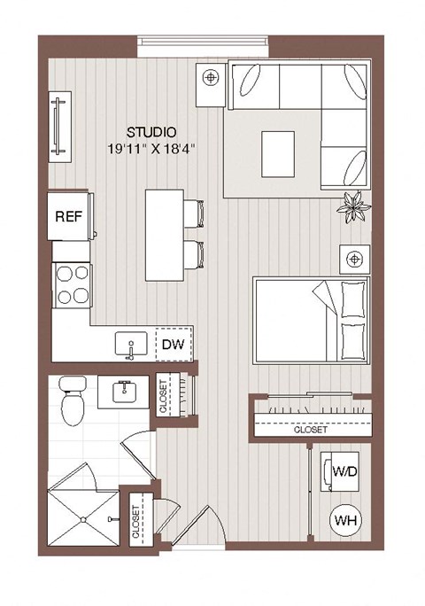 Floor plan for studio, 1 bath, 527 sqft