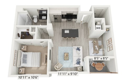 Floor plan for 1 bed, 1 bath, 676 sqft