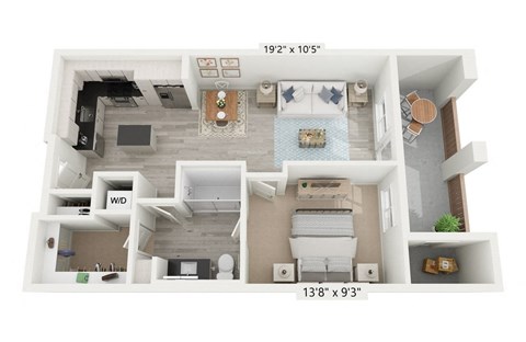 Floor plan for 1 bed, 1 bath, 714 sqft