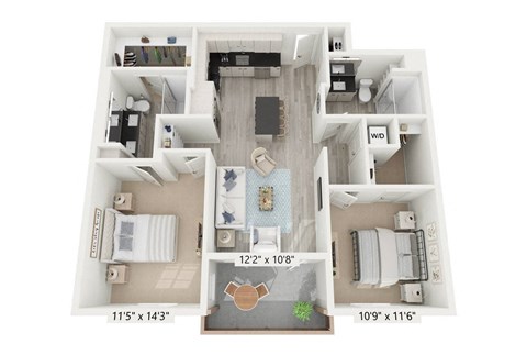 Floor plan for 2 beds, 2 baths, 1049 sqft