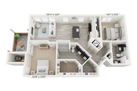 Floor plan for 2 beds, 2 baths, 1144 sqft