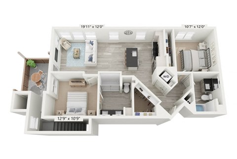 Floor plan for 2 beds, 2 baths, 1032 sqft