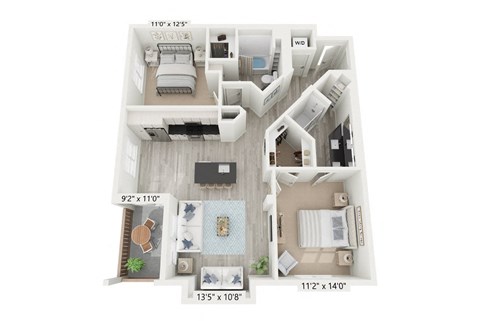 Floor plan for 2 beds, 2 baths, 1133 sqft