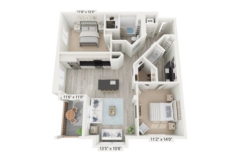 Floor plan for 2 beds, 2 baths, 1175 sqft