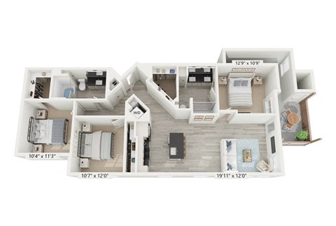 Floor plan for 3 beds, 2 baths, 1240 sqft