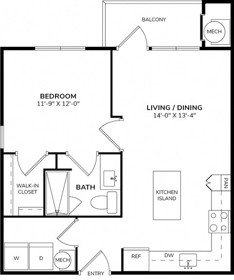 Floor plan for 1 bed, 1 bath, 704 sqft