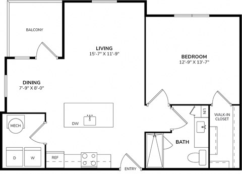 Floor plan for 1 bed, 1 bath, 792 sqft