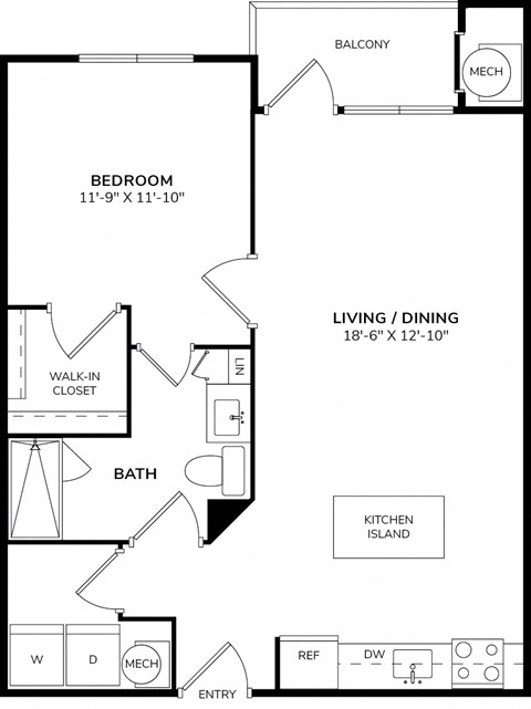 Floor plan for 1 bed, 1 bath, 785 sqft