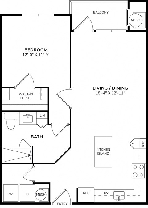 Floor plan for 1 bed, 1 bath, 830 sqft