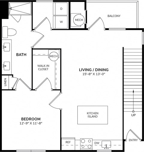 Floor plan for 1 bed, 1 bath, 907 sqft