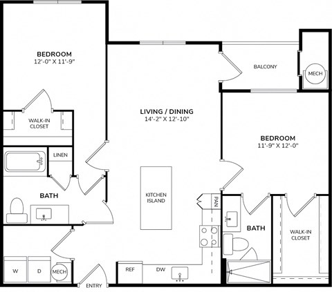 Floor plan for 2 beds, 2 baths, 1104 sqft