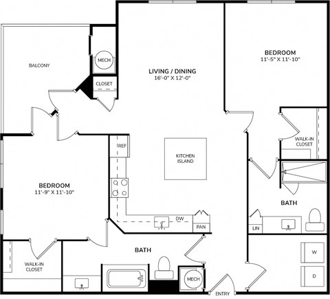 Floor plan for 2 beds, 2 baths, 1139 sqft
