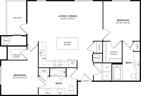 Floor plan for 2 beds, 2 baths, 1203 sqft
