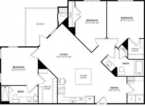 Floor plan for 3 beds, 2 baths, 1298 sqft