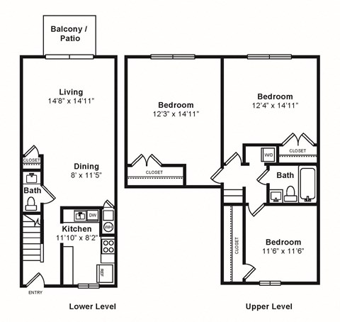 Floor plan for 3 beds, 1.5 baths, 1209 sqft