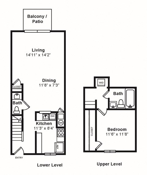 Floor plan for 1 bed, 1.5 baths, 831 sqft
