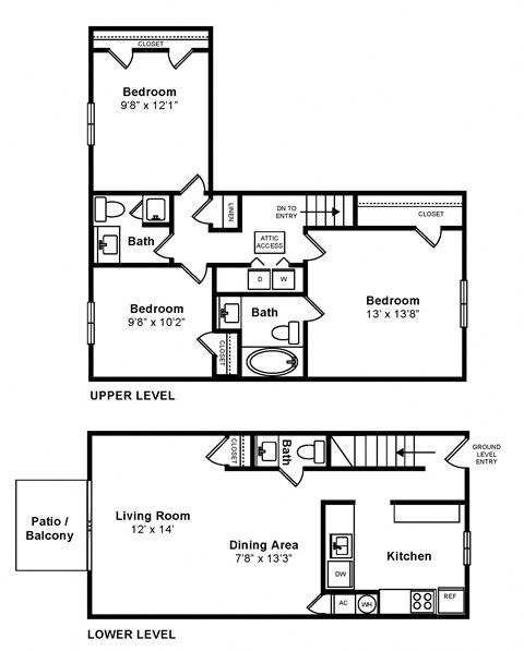 Floor plan for 3 beds, 2.5 baths, 1220 sqft