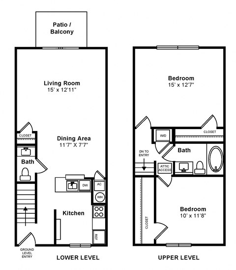 Floor plan for 2 beds, 1.5 baths, 960 sqft