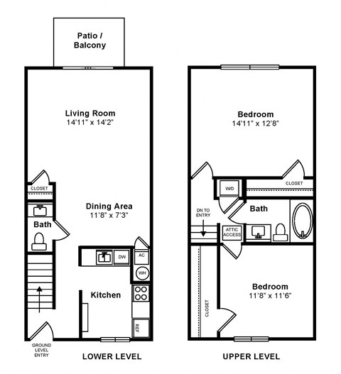 Floor plan for 2 beds, 1.5 baths, 1020 sqft