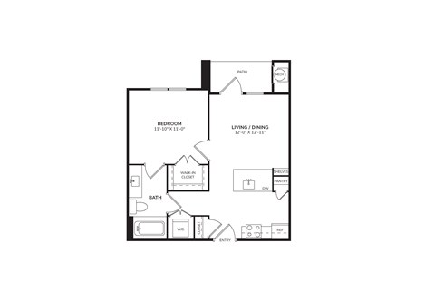 Floor plan for 1 bed, 1 bath, 593 sqft