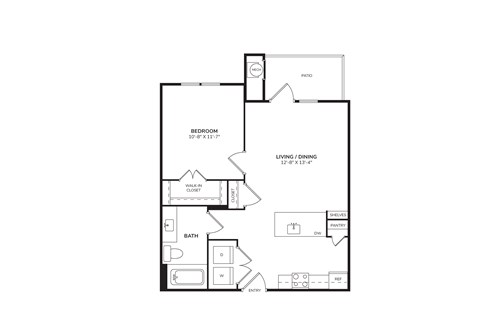 Floor plan for 1 bed, 1 bath, 643 sqft