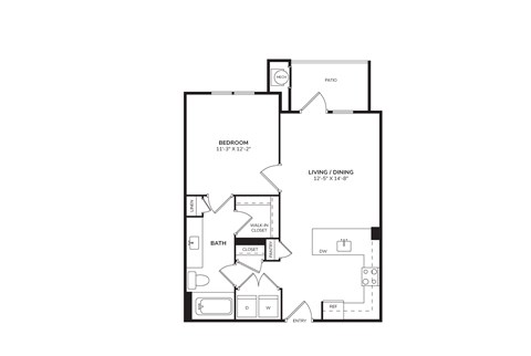 Floor plan for 1 bed, 1 bath, 708 sqft