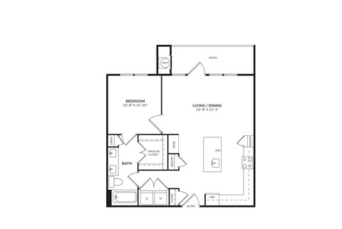 Floor plan for 1 bed, 1 bath, 867 sqft