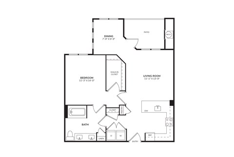 Floor plan for 1 bed, 1 bath, 930 sqft