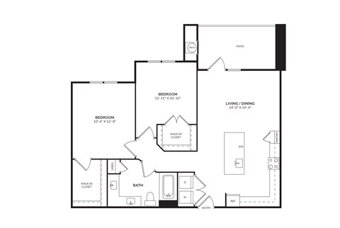 Floor plan for 2 beds, 1 bath, 893 sqft