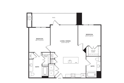 Floor plan for 2 beds, 2 baths, 982 sqft